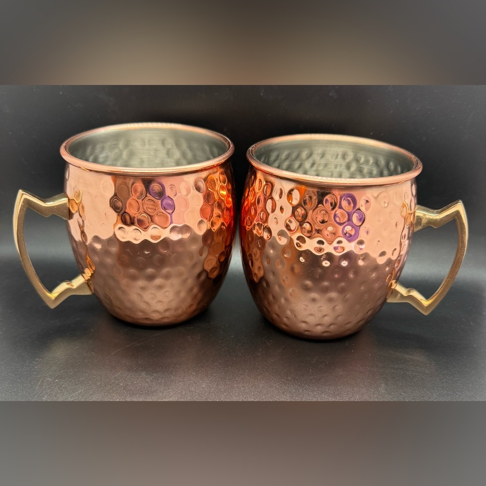 Hammered Copper Moscow Mule Mugs with gold-tone handle & silverplate interior
